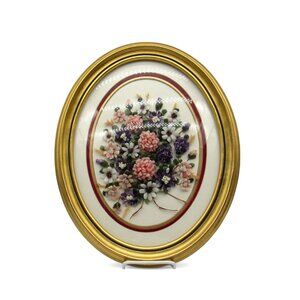 GEMSTONE BOUQUET Artwork Gold Oval Convex Frame 3D Floral 16 Inches Vintage